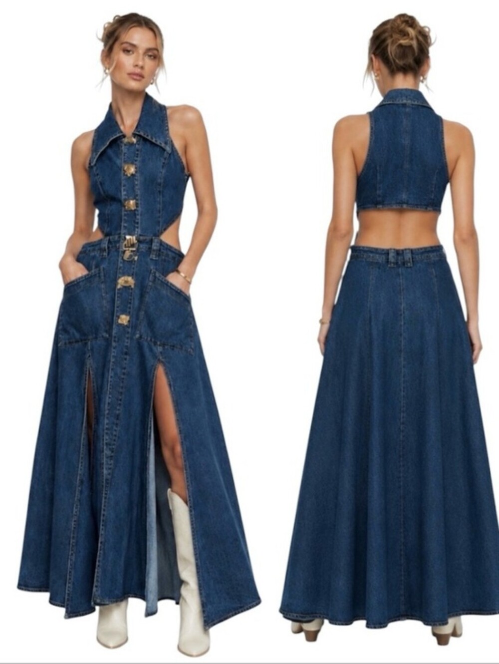 Sleeveless Dark Blue Denim Wide-Leg Maxi Dress with Front Slits (CUSTOM)🧵US 14 - Picture 3 of 5